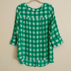 Banana Republic Factory Gingham Checkered High Low Green and White Blouse